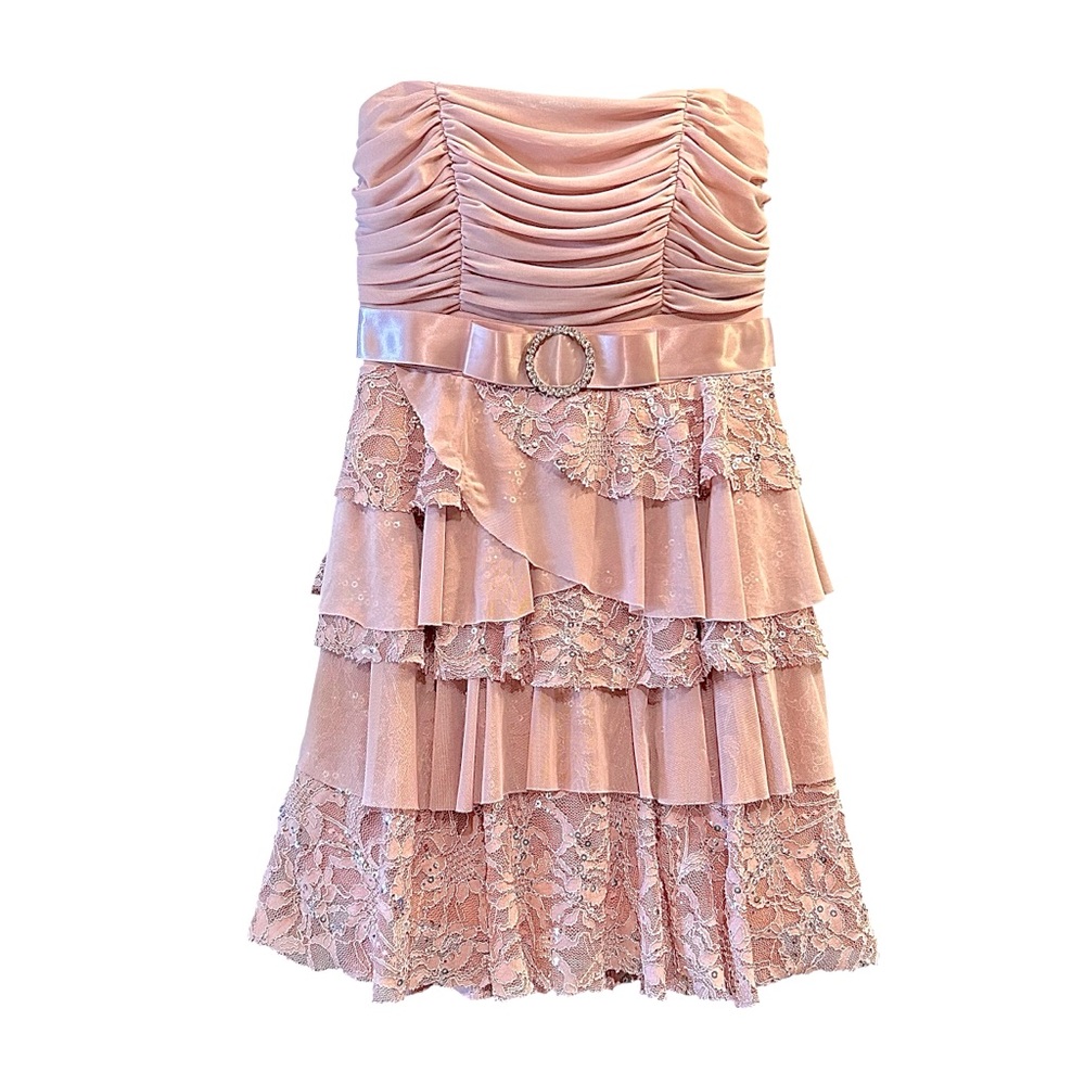 Pink Ruffled Strapless Dress with Lace Details